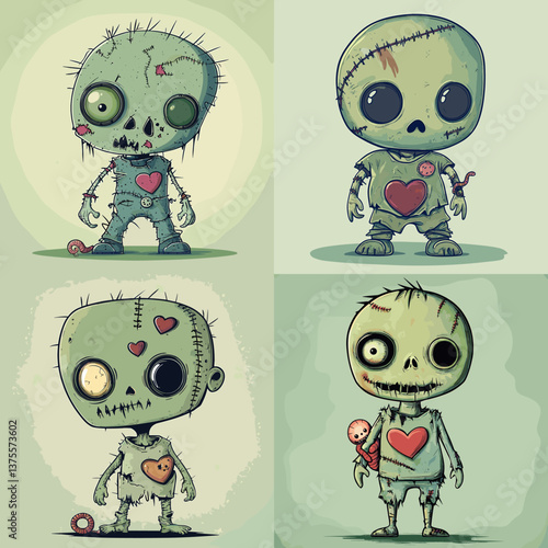 Collection of cute cartoon zombie characters with stitched hearts and big eyes on green backgrounds, perfect for Halloween designs, spooky themes, horror artwork, and creepy games.

