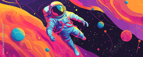 Vibrant cosmic landscape with astronaut floating in space, planets, stars, and nebulae - vector.