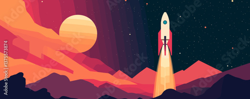 Rocket launching in vibrant desert sunset landscape with starry sky - vector.