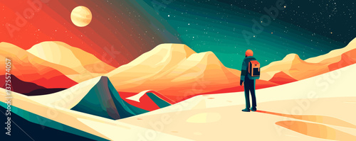 Surreal desert landscape with traveler under starry night sky vector.