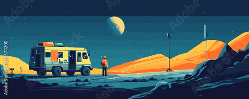 Astronaut observing moon landscape with mobile laboratory at night - sci-fi art vector.