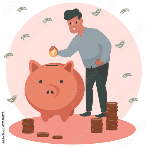 Man dropping coin into a piggy bank with happy face. Saving money concept art