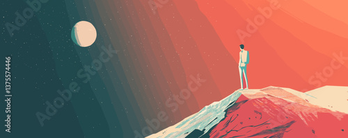 Surreal landscape with person on mountain under night sky and moon vector.