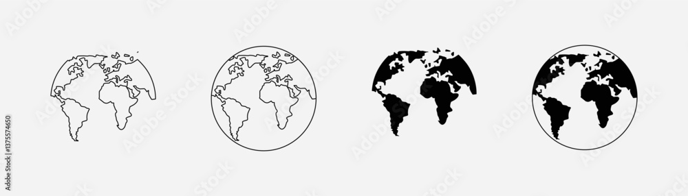 A set of minimalist world map icons, black and white, line art style.
A set of minimalist world map icons, black and white, line art style.