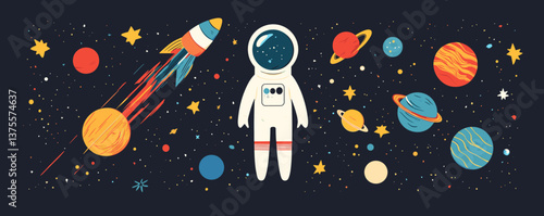 Astronaut floating among colorful planets and stars in space adventure vector.