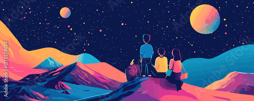 Family stargazing on colorful mountain landscape under starry sky, planets in view - vector.