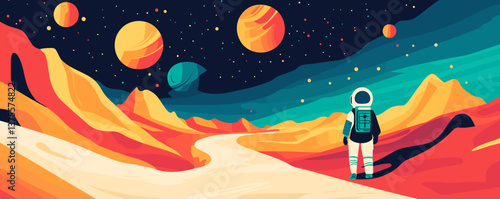 Astronaut exploring alien landscape with colorful planets in starry sky - vector.