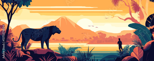 Jungle landscape with black panther and hiker at sunset, tropical nature scenery - vector.
