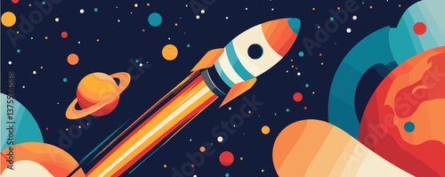 Colorful space adventure with rocket and planets in outer space - vector.