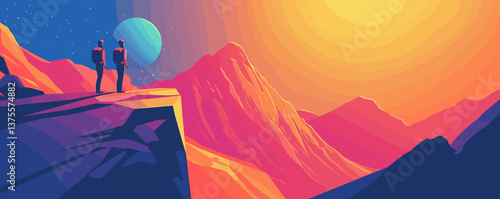 Hikers admiring alien landscape at sunrise with mountains and planet in background - vector.
