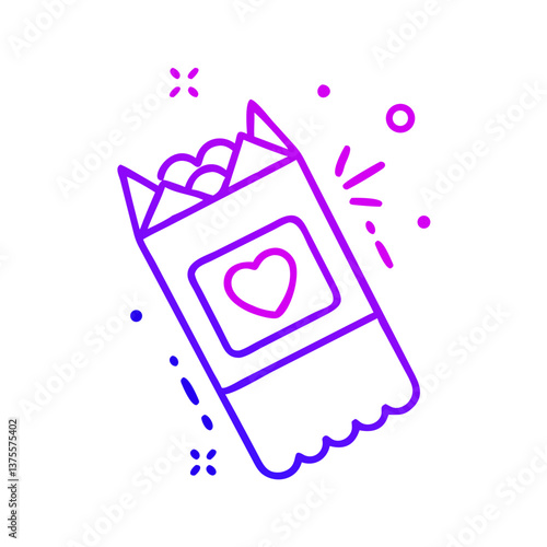 Gradient line illustration of a chocolate bar with heart symbol, representing comfort food and emotional care during menstruation.

