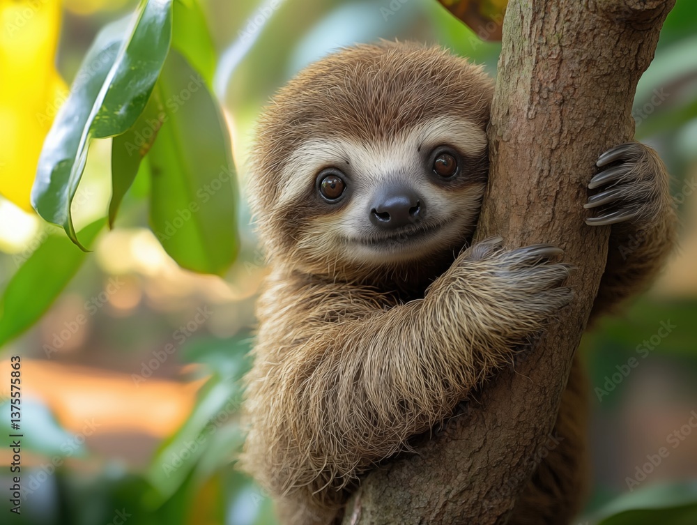 Fototapeta premium A charming sloth relaxing on a tree, captured in a stunning close-up. This adorable creature embodies tranquility and the slow pace of the rainforest.