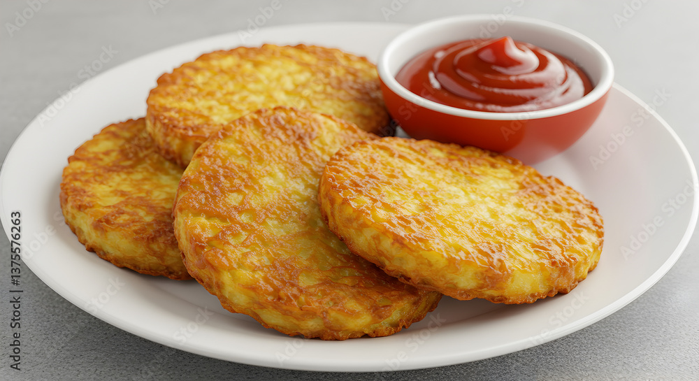 A plate of crispy hash browns served with ketchup in a small red bowl on a white plate surface A plate of crispy hash browns served with ketchup in a small red bowl on a white plate surface