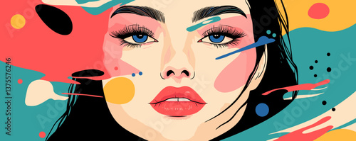 Colorful abstract portrait of a woman with blue eyes and bold makeup - vector.