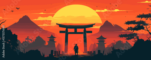 Samurai silhouette at sunset with japanese torii gate and mountains - vector.