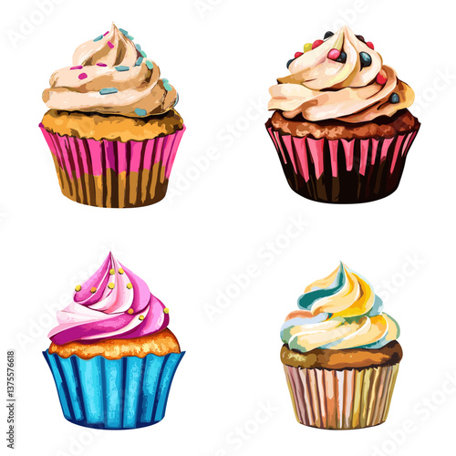 Colorful cupcakes with various frosting and sprinkles, perfect for bakery, dessert, sweets, birthday, celebration, party, and food-themed creative projects, cards, and digital designs.

