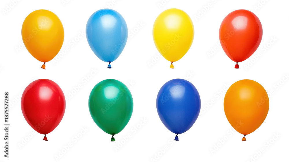 A collection of helium-filled party balloons in bright colors, isolated on transparent background, PNG file. A collection of helium-filled party balloons in bright colors, isolated on transparent background, PNG file.