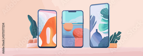 Three modern smartphones displaying abstract art designs on desks with plants, vector.