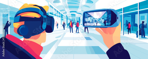 Virtual reality experience in modern mall environment with augmented reality users in background - vector.