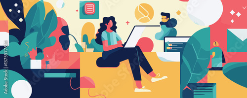 Creative workspace with people collaborating on laptops in abstract colorful setting - vector.