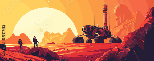 Futuristic space exploration scene on mars with rover and astronauts - vector.