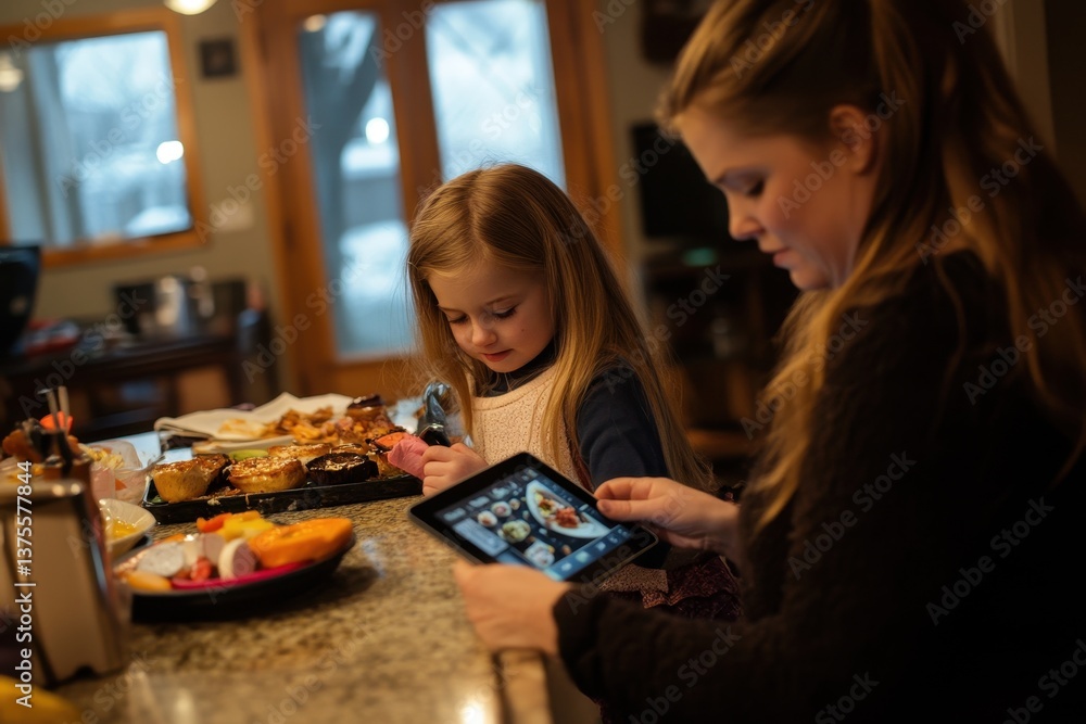 Fototapeta premium Daughter captures vibrant food moments on tablet while mother prepares a delightful meal in cozy kitchen, Daughter taking pictures of food at tablet before eating breakfast with mom in kitchen