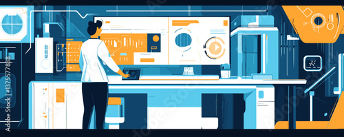 Scientist analyzing data on futuristic screens in high-tech laboratory environment - vector.