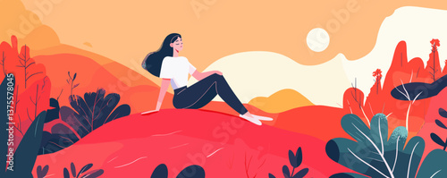 Woman relaxing in vibrant landscape with mountains and sunlight - vector.