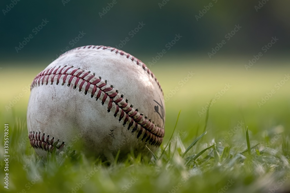 Weathered baseball resting on grass in a sunny park during the afternoon Weathered baseball resting on grass in a sunny park during the afternoon