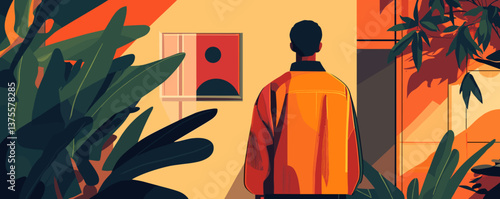 Man observing abstract art in modern gallery with bold colors - vector.