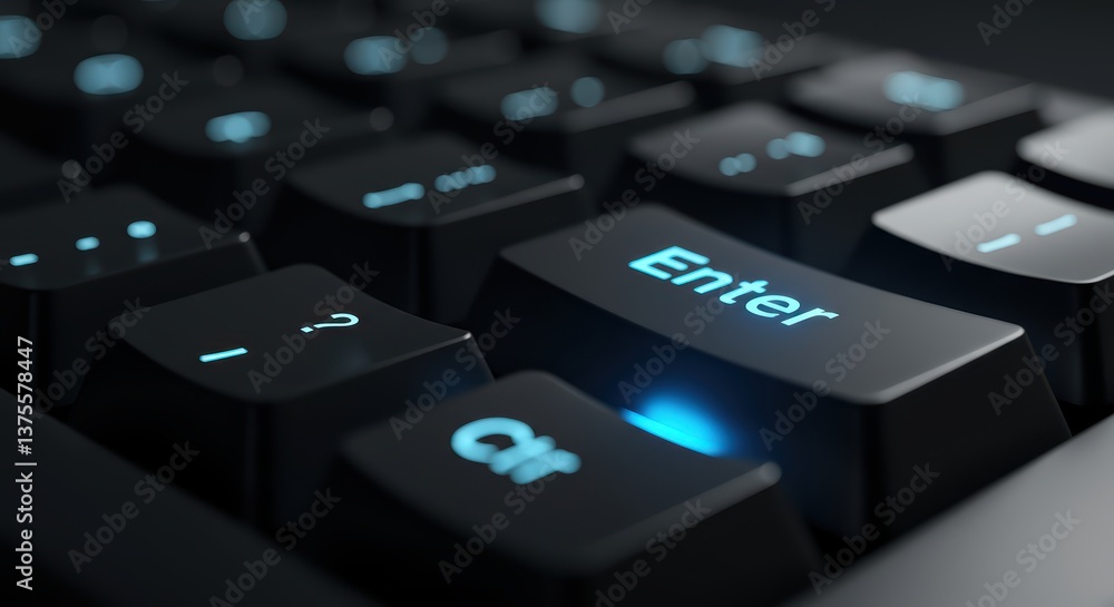 Illuminated Enter Key on Black Computer Keyboard Close-up Illuminated Enter Key on Black Computer Keyboard Close-up