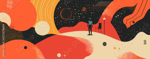 Astronaut in cosmic landscape with vibrant abstract patterns and celestial elements vector.