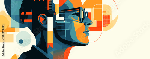 Abstract profile of woman in glasses with geometric patterns, modern art design - vector.