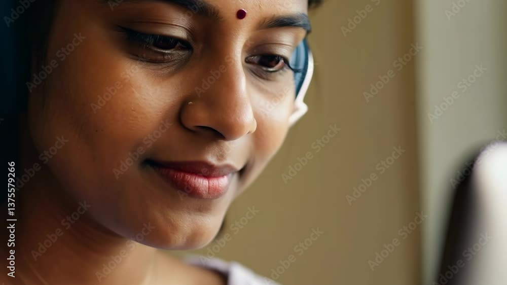 Young Indian woman with headphones in front of laptop at home. Online education. A woman with headphones studies online, learning from home on her laptop. Young Indian woman with headphones in front of laptop at home. Online education. A woman with headphones studies online, learning from home on her laptop.