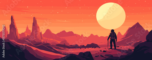 Astronaut in mars-like landscape with large sun and rocky terrain at sunset, vector.