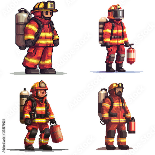 Pixel art style firefighters in protective gear with fire extinguishers, perfect for fire safety, rescue, emergency, heroism, and firefighter-themed creative projects and digital designs.

