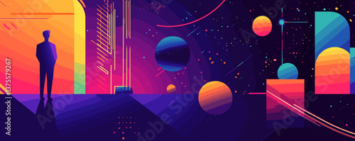Surreal cosmic landscape with silhouetted man and colorful planets in space vector.