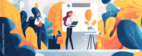 Office presentation in lush environment with two characters and plants - vector.