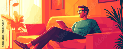 Man relaxing on sofa in cozy sunlit room, reading tablet, surrounded by plants and warm colors - vector.