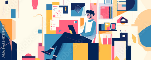 Modern home office workspace with creative elements and person using laptop - vector.