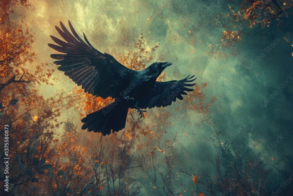 Fototapeta premium Raven spreads its wings while soaring through a misty sky filled with vibrant autumn foliage, raven spreading its wings flies in the sky