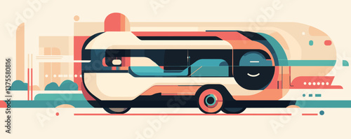 Futuristic geometric camper van design with abstract shapes and bold colors - vector.