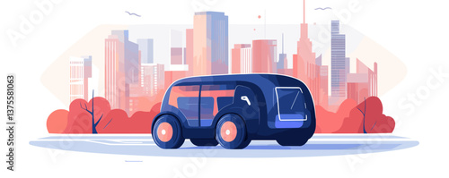 Futuristic urban landscape with autonomous electric vehicle in a modern city skyline - vector.