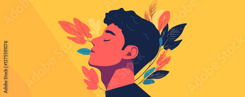 Colorful abstract profile of a person with botanical elements - vector.