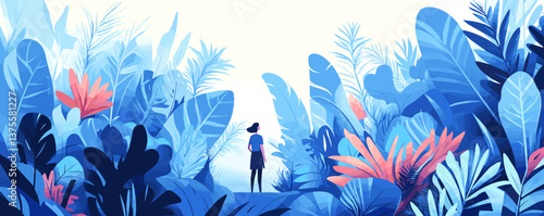 Tropical jungle exploration with silhouetted figure and lush foliage in blue tones - vector.