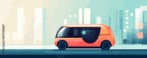 Futuristic urban autonomous vehicle driving along cityscape skyline - vector.