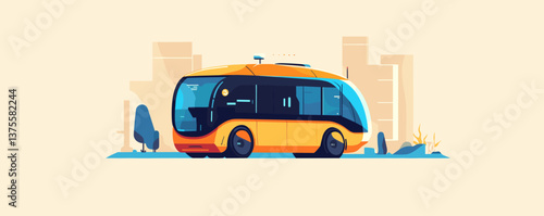 Futuristic autonomous shuttle in urban landscape with buildings and trees - vector.