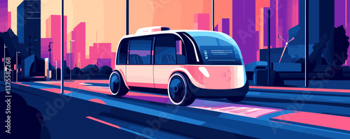 Futuristic autonomous electric vehicle on urban road at sunset scene – vector.
