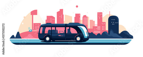 Futuristic cityscape with autonomous bus on modern roadway - vector.