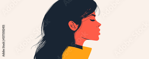Profile of a contemplative woman with flowing hair in minimalist style – vector.
